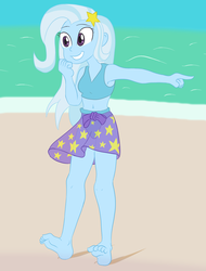 Size: 1504x1980 | Tagged: safe, artist:scraggleman, trixie, equestria girls, g4, barefoot, belly button, bikini, clothes, cropped, cute, diatrixes, feet, female, midriff, sarong, solo, swimsuit