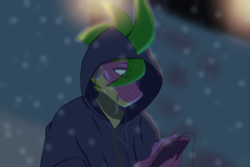 Size: 3300x2200 | Tagged: safe, artist:moonakart13, artist:moonaknight13, spike, dragon, g4, adult, adult spike, claws, clothes, freckles, happy, headphones, high res, hoodie, house, light post, male, older, older spike, phone, relaxing, smiling, snow, snowfall, solo