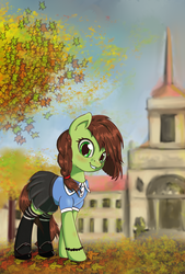Size: 2413x3559 | Tagged: safe, artist:drafthoof, oc, oc only, oc:oil drop, pony, autumn, braid, clothes, cottagecore, cute, high res, mary janes, shoes, skirt, socks, solo