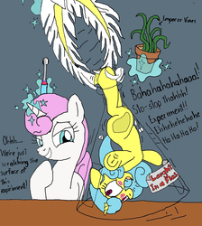 Size: 1431x1599 | Tagged: safe, artist:goomingtoll, artist:icicle-niceicle-1517, lemon hearts, twinkleshine, oc, oc:emperor vines, pony, unicorn, g4, bedroom eyes, blushing, colored, erlenmeyer flask, feather, female, fetish, flask, flaskhead hearts, giant/tiny, grin, hoof fetish, hoof tickling, hooves, hung upside down, levitation, magic, mare, micro, missing cutie mark, open mouth, plant, pony in a bottle, pot, size difference, smiling, telekinesis, tickle torture, tickling, toothbrush, underhoof, upside down, vine