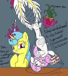 Size: 1431x1599 | Tagged: safe, alternate version, artist:goomingtoll, artist:icicle-niceicle-1517, lemon hearts, twinkleshine, oc, oc:emperor vines, pony, unicorn, g4, bedroom eyes, blushing, colored, erlenmeyer flask, feather, female, fetish, flask, giant/tiny, grin, hoof fetish, hoof tickling, hooves, hung upside down, levitation, magic, mare, micro, missing cutie mark, open mouth, plant, pony in a bottle, pot, size difference, smiling, telekinesis, tickle torture, tickling, toothbrush, twinkleflask, underhoof, upside down, vine