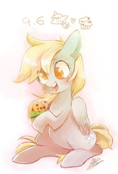 Size: 567x839 | Tagged: safe, artist:sibashen, derpy hooves, pegasus, pony, g4, cute, derpabetes, female, folded wings, food, heart, hoof hold, mare, muffin, open mouth, sitting, smiling, solo, tongue out