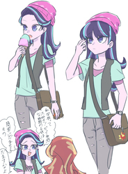 Size: 700x950 | Tagged: safe, artist:misochikin, starlight glimmer, sunset shimmer, equestria girls, g4, bag, beanie, clothes, dialogue, female, food, hat, ice cream, japanese, translation request