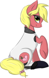Size: 829x1316 | Tagged: safe, artist:violentdreamsofmine, oc, oc only, oc:cherry bomb, earth pony, pony, bodysuit, clothes, female, mare, simple background, sitting, solo, transparent background