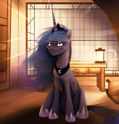 Size: 620x645 | Tagged: safe, artist:imalou, edit, princess luna, alicorn, pony, g4, crazy face, creepy, crepuscular rays, cropped, faic, female, mare, smiling, smug, solo, uncanny valley