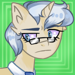 Size: 300x300 | Tagged: safe, artist:hrosy, oc, oc only, oc:may weather, pony, unicorn, big ears, blue eyes, blue hair, female, frown, glasses, green background, messy mane, necktie, simple background, solo, yellow coat