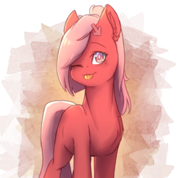 Size: 1000x1000 | Tagged: safe, artist:myralilth, oc, oc only, oc:downvote, pony, derpibooru, cute, derpibooru ponified, meta, one eye closed, ponified, ponytail, simple background, solo, tongue out, wink