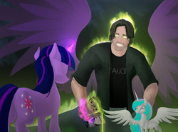 Size: 1500x1112 | Tagged: safe, artist:jaeneth, princess celestia, twilight sparkle, alicorn, human, pony, unicorn, g4, alternate timeline, angry, butt, crossover, everything is ruined, frown, glowing, glowing eyes, glowing hands, glowing horn, gul'dan, hidden eyes, horn, levitation, m.a. larson, magic, mannoroth, meme, open mouth, pennyroyal academy, plot, pouring, spread wings, telekinesis, thanks m.a. larson, unicorn twilight, warcraft, wide eyes, wings, world of warcraft