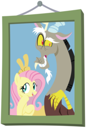 Size: 3094x4564 | Tagged: safe, artist:amarthgul, discord, fluttershy, discordant harmony, g4, bunny ears, bunny ears (gesture), framed picture, high res, peace sign, picture, simple background, transparent background, vector