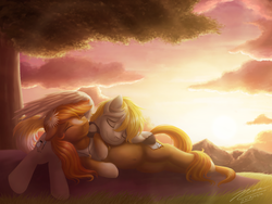 Size: 1024x768 | Tagged: safe, artist:novaintellus, oc, oc only, oc:serenity, oc:white feather, pony, cuddling, female, husband and wife, male, mare, married couple, oc x oc, pregnant, serenither, shipping, sleeping, smiling, stallion, straight, sunrise, tree