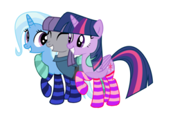 Size: 1024x706 | Tagged: safe, artist:cielmarth, maud pie, trixie, twilight sparkle, alicorn, earth pony, pony, unicorn, g4, clothes, eyes closed, female, hug, lesbian, mare, ot3, polyamory, ship:mauxie, ship:twimauxie, ship:twixie, shipping, simple background, smiling, socks, striped socks, twilight sparkle (alicorn), twimaud, vector, watermark, when she smiles, white background