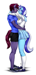 Size: 700x1457 | Tagged: safe, artist:pia-sama, minuette, oc, oc:night chase, unicorn, anthro, plantigrade anthro, g4, blushing, bowtie, breast squish, breasts, busty minuette, canon x oc, clothes, commission, cute, eye contact, female, hug, legs, looking at each other, male, mary janes, shoes, simple background, skirt, smiling, sneakers, socks, straight, white background