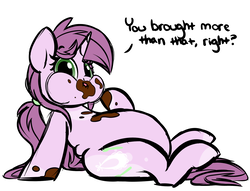 Size: 2100x1603 | Tagged: safe, artist:mulberrytarthorse, oc, oc only, oc:mulberry tart, pony, unicorn, belly, chubby, female, mare, solo, stuffed, stuffing