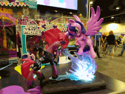Size: 972x730 | Tagged: safe, tempest shadow, twilight sparkle, alicorn, pony, g4, my little pony: the movie, animated, electronic toy, female, fight, gif, glowing, guardians of harmony, hascon, irl, my little pony logo, photo, toy, twilight sparkle (alicorn)