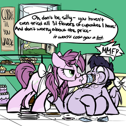 Size: 2000x2000 | Tagged: safe, artist:mulberrytarthorse, oc, oc:mulberry tart, pegasus, pony, unicorn, apron, bakery, bedroom eyes, belly, chubby, clothes, comic, cupcake, female, food, force feeding, high res, male, mare, stallion, store display, stuffed, stuffing, text