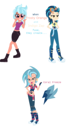 Size: 666x1272 | Tagged: safe, artist:berrypunchrules, frosty orange, indigo zap, oc, oc:coral freeze, equestria girls, g4, clothes, ear piercing, earring, eyes do not belong there, female, fingerless gloves, fusion, fusion:frosty orange, fusion:frostyzap, fusion:indigo zap, gloves, goggles, jewelry, midriff, piercing, short shirt, third eye