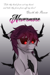 Size: 1471x2200 | Tagged: safe, artist:wulfanite, oc, oc only, oc:nevermore ravenheart, bird, earth pony, pony, raven (bird), black sclera, edgar allan poe, possessed, quote, red eyes, simple background, the raven