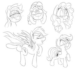 Size: 1280x1138 | Tagged: safe, artist:fakskis, applejack, party favor, pear butter, rainbow dash, scootaloo, g4, blushing, chest fluff, freckles, monochrome, open mouth, raised eyebrow, singing, sketch, sketch dump, tongue out