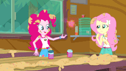 Size: 960x540 | Tagged: safe, edit, edited screencap, editor:liggliluff, screencap, fluttershy, pinkie pie, equestria girls, legend of everfree, animated, assisted exposure, butterfly print underwear, clothes, dough, explosion, female, food, frilly underwear, gif, magic, panties, power out of control, skirt, skirt flip, skirt lift, sprinkles, tanktop, underwear, upskirt, white underwear