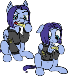 Size: 2063x2315 | Tagged: safe, artist:whiskey, oc, oc only, oc:safety first, pegasus, pony, 4chan, banana, belly button, biting, clothes, eating, food, herbivore, high res, hoodie, sad, simple background, sitting, solo, teeth, transparent background