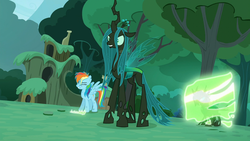 Size: 1920x1080 | Tagged: safe, screencap, queen chrysalis, rainbow dash, changeling, changeling queen, g4, the cutie re-mark, alternate timeline, chrysalis resistance timeline, disguise, disguised changeling, fake rainbow dash, fake rarity, female