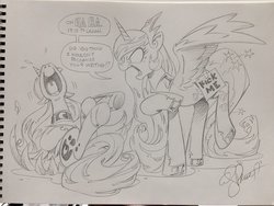 Size: 1024x768 | Tagged: safe, artist:andypriceart, princess celestia, princess luna, alicorn, pony, g4, andy you magnificent bastard, angry, celestia is not amused, duo, female, grayscale, hoofprints, kick me, laughing, mare, monochrome, ouch, pencil drawing, pointing, prank, princess luna is amused, this will end in tears and/or a journey to the moon, traditional art, trolluna, unamused, uvula, varying degrees of amusement