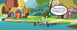 Size: 800x320 | Tagged: safe, edit, edited screencap, editor:korora, screencap, hondo flanks, pony, g4, one bad apple, cropped, don quixote, fishing, male, pier, river, stallion, sweetie belle's house, text, thought bubble, windmill