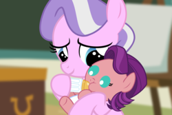 Size: 3189x2126 | Tagged: safe, artist:babyshy, artist:birdco, diamond tiara, spoiled rich, earth pony, pony, g4, age regression, baby, baby bottle, baby pony, cute, diaper, feeding, female, filly, foal, high res, holding a pony, role reversal, show accurate