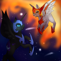 Size: 1000x1000 | Tagged: safe, artist:hyshyy, daybreaker, nightmare moon, alicorn, pony, g4, duo, fire, mane of fire, night