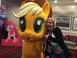 Size: 620x465 | Tagged: safe, applejack, pinkie pie, g4, my little pony: the movie, hascon, irl, meghan mccarthy, photo, staring into your soul