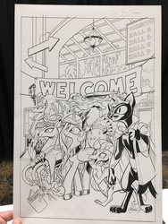 Size: 768x1024 | Tagged: safe, artist:andypriceart, idw, abyssinian king, chief thunderhooves, king aspen, princess celestia, princess ember, queen novo, abyssinian, alicorn, bison, breezie, buffalo, cat, deer, dragon, griffon, pony, seapony (g4), anthro, digitigrade anthro, g4, my little pony: the movie, spoiler:comic, anthro with ponies, convention, fish bowl, funny, male, palm tree, tree, unnamed breezie, unnamed character, unnamed griffon