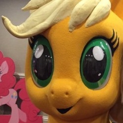 Size: 278x278 | Tagged: safe, applejack, pinkie pie, earth pony, pony, g4, my little pony: the movie, cropped, face of mercy, hascon, irl, photo, solo focus, staring into your soul