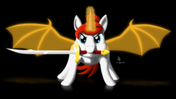 Size: 1920x1080 | Tagged: safe, artist:darkdabula, oc, oc only, alicorn, bat pony, bat pony alicorn, pony, unicorn, alicorn oc, black background, glowing horn, horn, mouth hold, simple background, spread wings, sword, weapon, wings