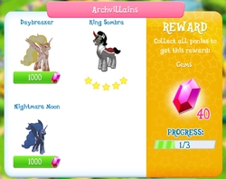 Size: 1487x1179 | Tagged: safe, gameloft, daybreaker, king sombra, nightmare moon, alicorn, pony, a royal problem, g4, antagonist, crack is cheaper, evil, gem, progress bar, unfair, why gameloft why