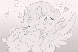 Size: 2150x1445 | Tagged: safe, artist:yakovlev-vad, fluttershy, dog, pegasus, pony, g4, bolt, collar, confetti, crossover, disney, female, grayscale, heart, heart eyes, hug, looking at you, mare, monochrome, sketch, smiling, spread wings, sweat, sweatdrop, wingding eyes, wings