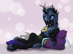 Size: 3392x2509 | Tagged: safe, artist:arctic-fox, oc, oc only, oc:evening breeze, changeling, armor, changeling oc, featureless crotch, high res, horseshoes, male, night guard, piercing, pinup, pose, royal guard, smiling, solo, torn ear