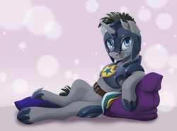 Size: 2000x1479 | Tagged: safe, alternate version, artist:arctic-fox, oc, oc only, oc:evening breeze, pony, unicorn, armor, featureless crotch, horseshoes, male, night guard, pinup, pose, royal guard, smiling, solo, stallion, torn ear