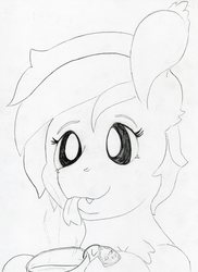 Size: 3186x4376 | Tagged: safe, artist:andandampersand, derpibooru exclusive, oc, oc only, oc:soothing leaf, bat pony, black and white, bust, fangs, female, food, grayscale, lineart, mare, monochrome, portrait, solo, tea, tongue out, traditional art