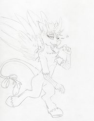 Size: 2706x3485 | Tagged: safe, artist:andandampersand, derpibooru exclusive, oc, oc only, oc:passel, original species, bow, chest fluff, heart, high res, solo, traditional art, wings