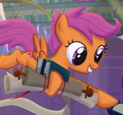 Size: 787x733 | Tagged: safe, scootaloo, cursed crusaders, g4, my little pony: ponyville mysteries, official, book, cropped, cute, cutealoo, female, flying, library, merchandise, scootaloo can fly, scroll, solo