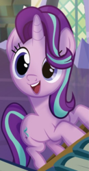 Size: 328x630 | Tagged: safe, starlight glimmer, pony, unicorn, cursed crusaders, g4, my little pony: ponyville mysteries, official, book, cropped, cute, dorky, female, glimmerbetes, library, mare, merchandise, open mouth, smiling, solo