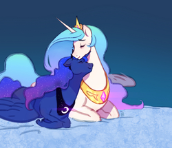 Size: 1500x1289 | Tagged: safe, artist:voyager, princess celestia, princess luna, alicorn, pony, g4, blue background, duo, eyes closed, female, gradient background, mare, prone, royal sisters, siblings, simple background, sisters, snuggling, the snuggle is real