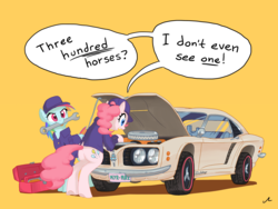 Size: 4800x3600 | Tagged: safe, artist:docwario, pinkie pie, rainbow dash, pony, g4, absurd resolution, car, clothes, dialogue, engine, female, hat, mare, mechanic, mouth hold, simple background, speech bubble, toolbox, v8, wrench