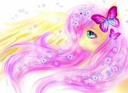 Size: 1200x876 | Tagged: safe, artist:ashleycl, fluttershy, butterfly, g4, blushing, bust, cute, female, flower, flower in hair, petals, portrait, profile, shyabetes, solo, wings