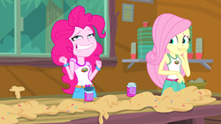Size: 1280x720 | Tagged: safe, screencap, fluttershy, pinkie pie, equestria girls, g4, legend of everfree - bloopers, my little pony equestria girls: legend of everfree, clothes, dough, faic, female, food, grin, pinkie pie is best facemaker, sleeveless, smiling, sprinkles, tank top, wat, wtf