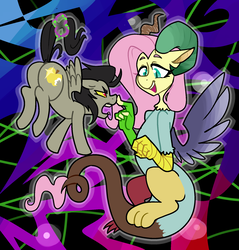Size: 1757x1839 | Tagged: safe, artist:/d/non, discord, fluttershy, draconequus, pegasus, pony, g4, abstract background, angry, asscord, boop, butt, draconequified, duo, female, flutterequus, magic, male, mismatched horns, plot, ponified, pony discord, role reversal, species swap, tail, tail hold, tail pull, telekinesis