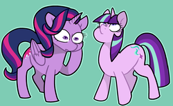 Size: 2241x1384 | Tagged: safe, artist:/d/non, starlight glimmer, twilight sparkle, alicorn, pony, unicorn, g4, alternate hairstyle, confused, cute, female, frown, green background, looking up, mane swap, mare, open mouth, simple background, surprised, twilight sparkle (alicorn), wide eyes