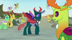 Size: 1280x720 | Tagged: safe, screencap, arista, clypeus, frenulum (g4), pharynx, thorax, changedling, changeling, g4, to change a changeling, changedling brothers, king thorax, looking at self, open mouth, prince pharynx, raised hoof, spread wings, wings