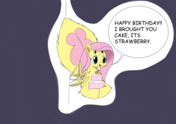 Size: 8598x6071 | Tagged: safe, artist:taurson, fluttershy, monster pony, original species, spiderpony, g4, absurd resolution, cake, dialogue, female, food, happy birthday, hoof hold, multiple eyes, solo, species swap, speech bubble, spidershy