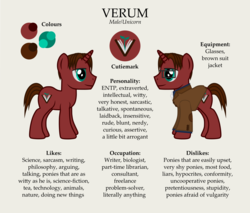 Size: 2000x1705 | Tagged: safe, artist:gordontheonefreemane, oc, oc only, oc:verum, pony, unicorn, blazer, clothes, glasses, male, mbti, myers-briggs, nerd, ponysona, reference sheet, simple background, solo, stallion, suit